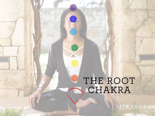 Root chakra quote, woman sitting outside in garden in front of stone wall doing yoga