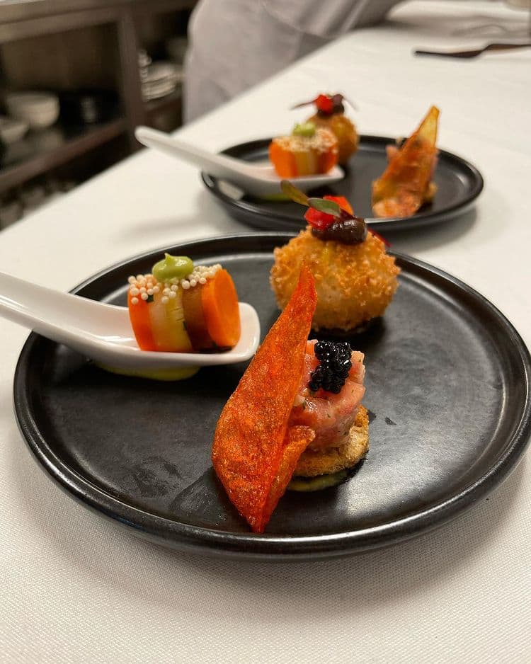 Delicious appetizers on black plate