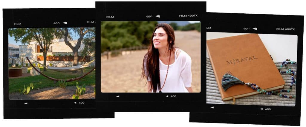 Images of Miraval journal, a smiling women and a d hammock in the garden