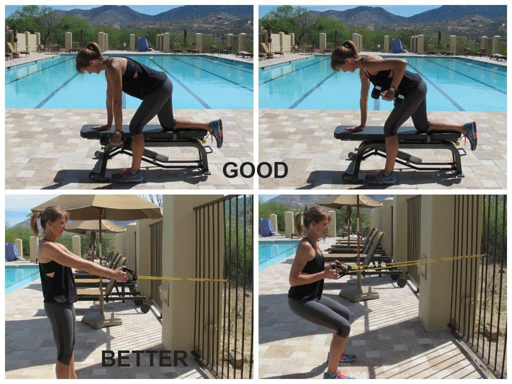 Woman doing bent over row at pool deck and alternate exercise to improve exercise