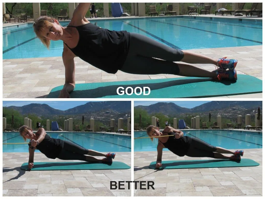 Woman doing plank with row at pool deck and alternate exercise to improve exercise